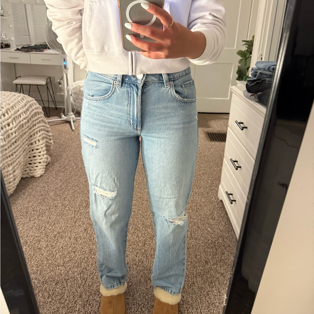 Garage Blue Straight Leg Jeans with Distressed Details